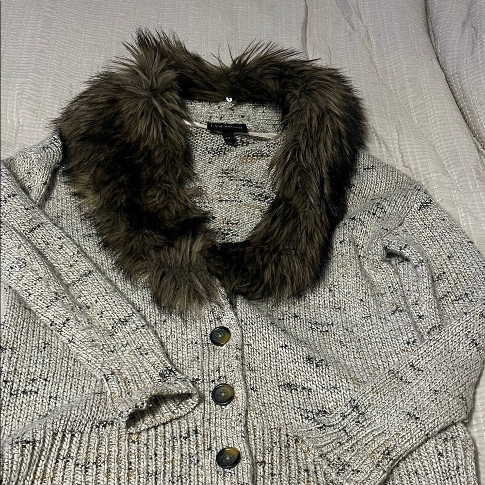 Lane Bryant Beige/black/metallic Knit Cardigan with removable Faux Fur Collar